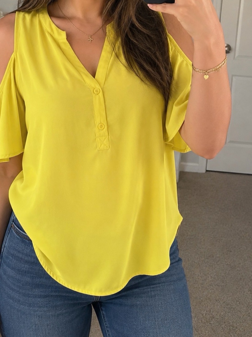 Women's Yellow Cold-Shoulder V-Neck Blouse